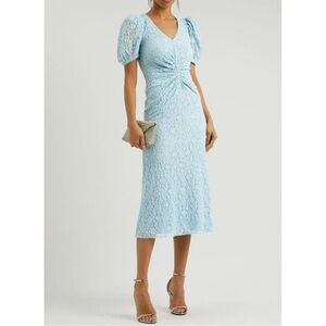 Rotate Short Puff Sleeve Lace Midi Dress Blue